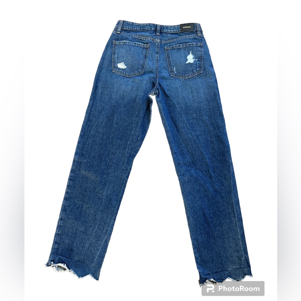 Express Mid Rise Dark Wash Raw Hem Boyfriend Jeans - Picture 3 of 9